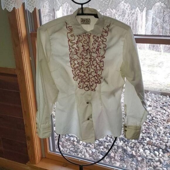 Lady DJ Vintage Soft Ivory with Ruffled Red Front Long Snap Sleeve Sz 32 Blouse - Picture 2 of 12